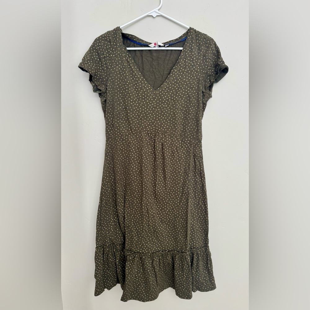 Boden Green Tan V-Neck Midi Flutter Sleeve Dress